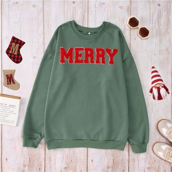 Women’s Merry Christmas Glitter Patch Sweatshirt – Oversized Pullover - Picture 5 of 7